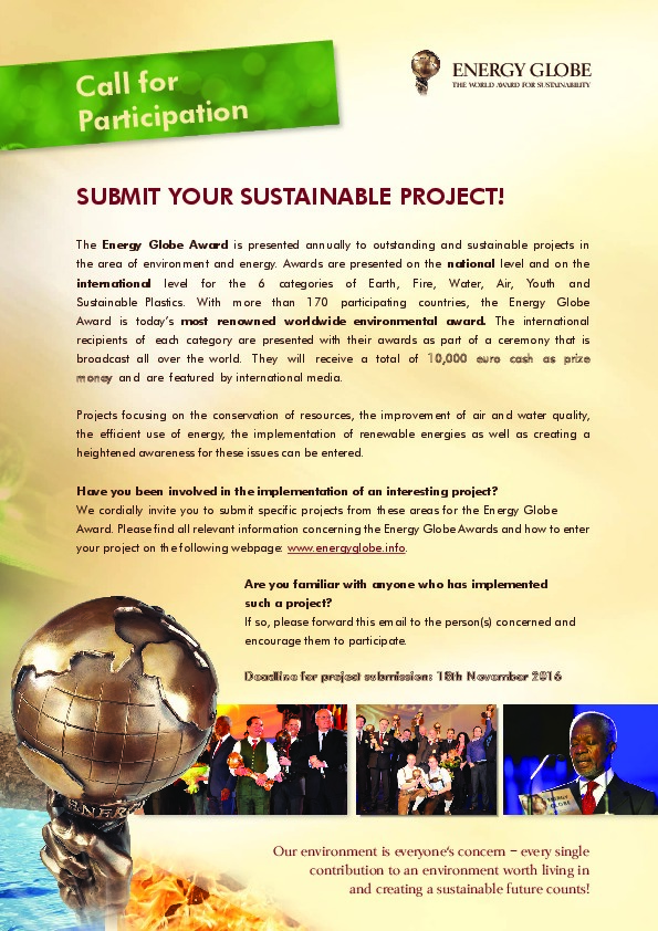 Energy Globe Award 2017: Sustainable Projects Wanted!