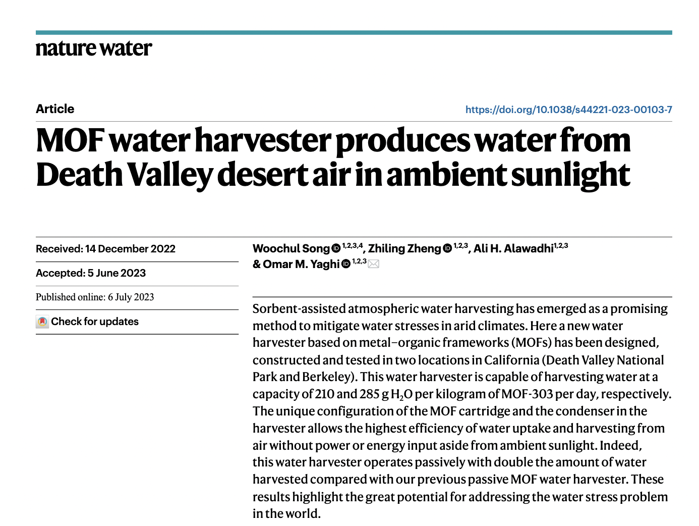 MOF water harvester produces water from Death Valley desert air in ambient sunlightSOURCE:https://www.nature.com/articles/s44221-023-00103-7.epd...