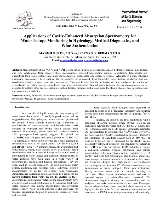 Applications of Cavity-Enhanced Absorption Spectrometry for Water Isotope Monitoring