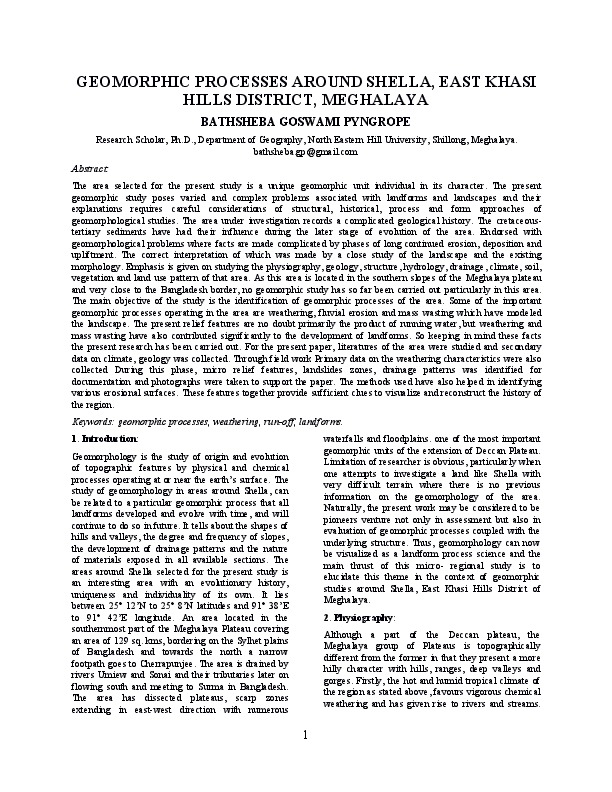 GEOMORPHIC PROCESSES AROUND SHELLA, EAST KHASI HILLS DISTRICT, MEGHALAYA