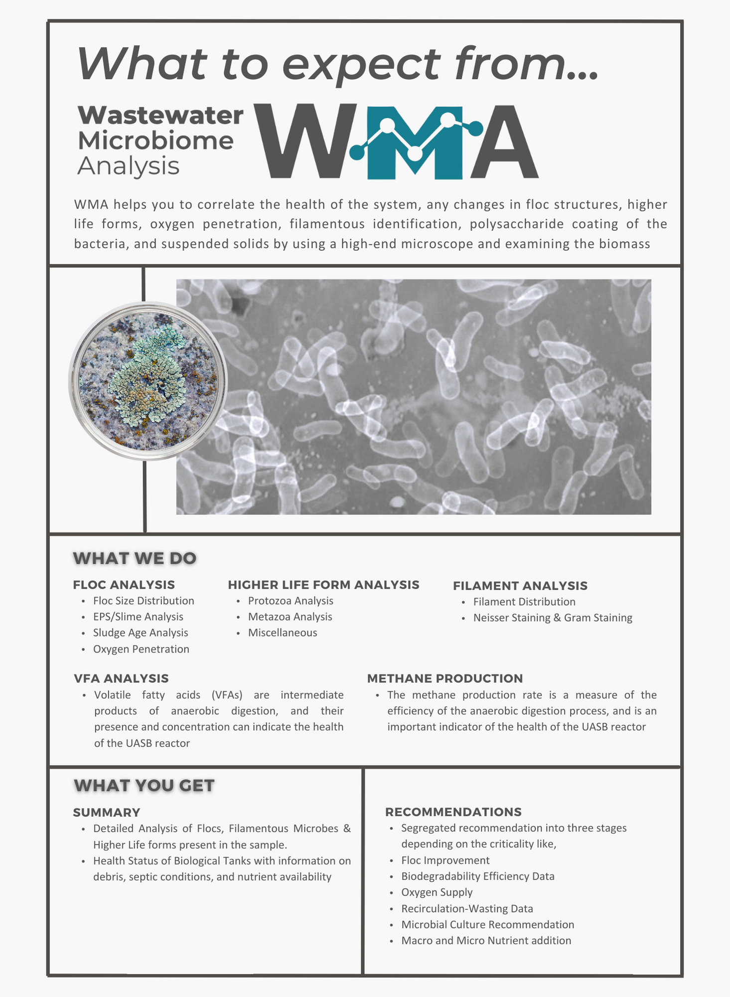 WMA helps you to correlate the health of the system, any changes in floc structures, higherlife forms, oxygen penetration, filamentous identific...