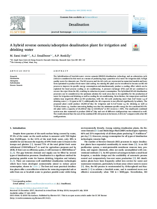 A Hybrid Reverse Osmosis/Adsorption Desalination Plant for Irrigation And Drinking Water