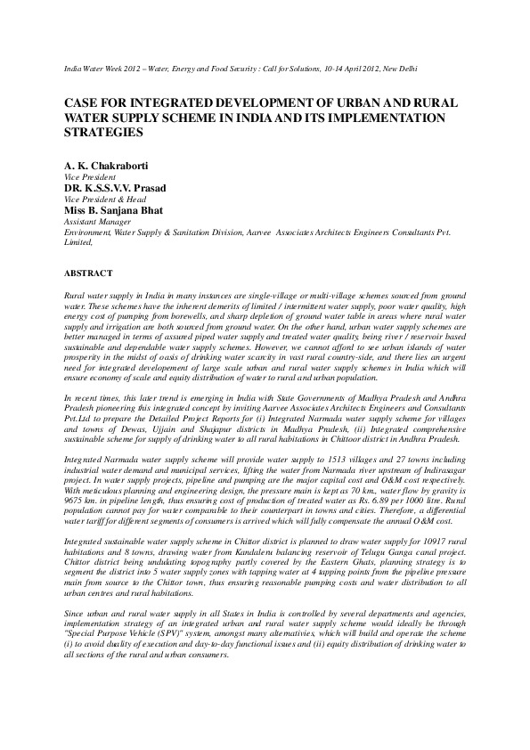 Case for Integrated Development of Urban and Rural Water Supply Scheme in India and its Implementation Strategies