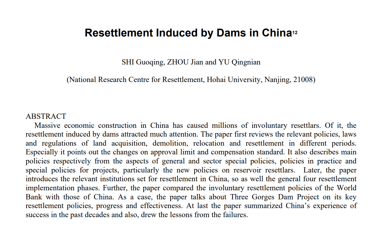 Resettlement Induced by Dams in China