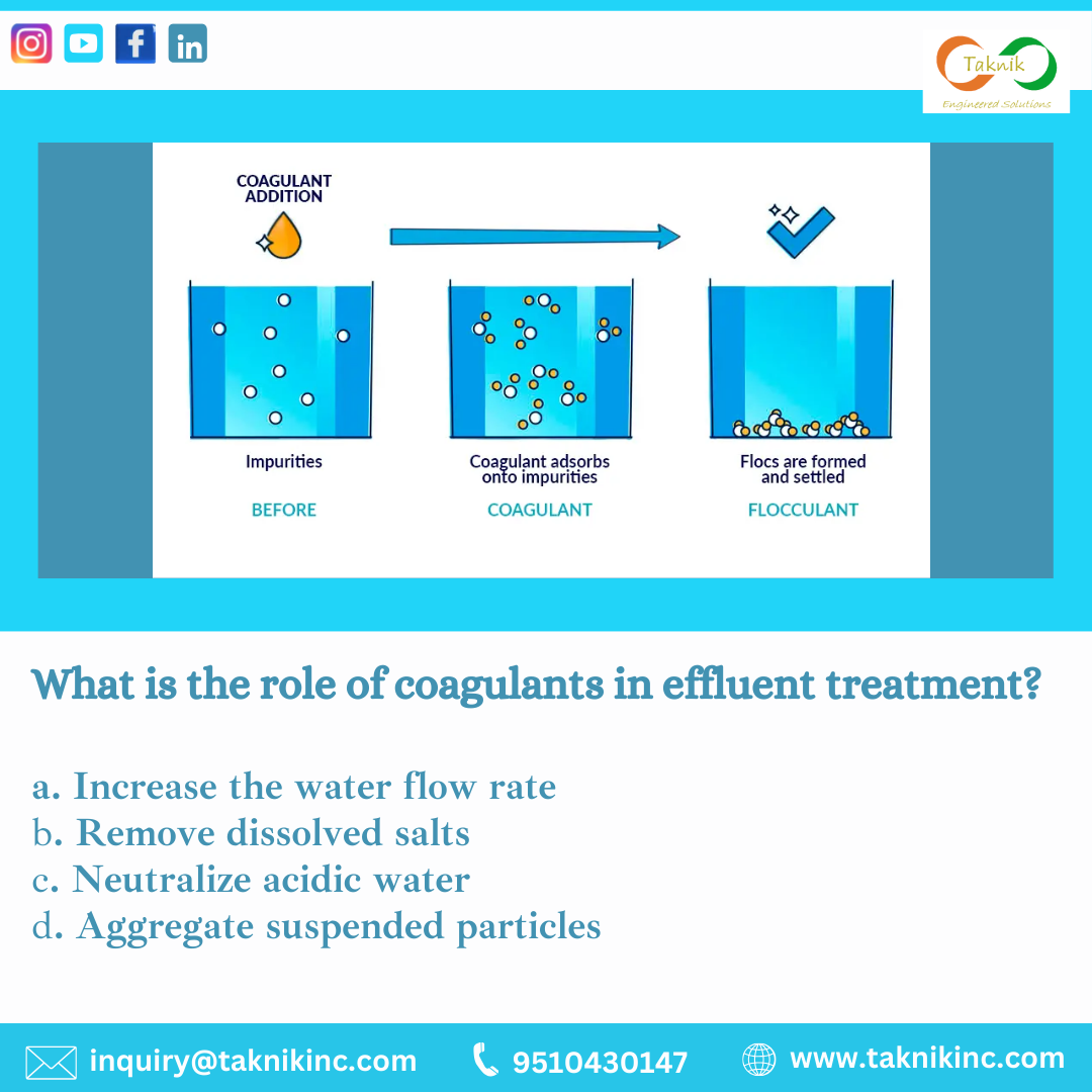 "Quick Quiz Time! Can You Get It Right?"What is the role of coagulants in effluent treatment?a. Increase the water flow rateb. Remove dissolved ...