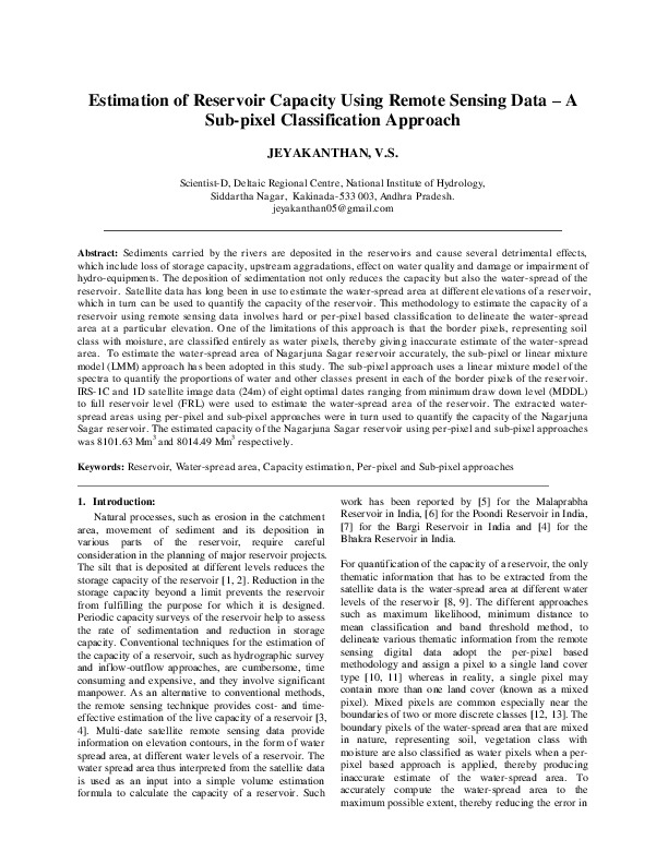 Estimation of Reservoir Capacity Using Remote Sensing Data – A Sub-pixel Classification Approach