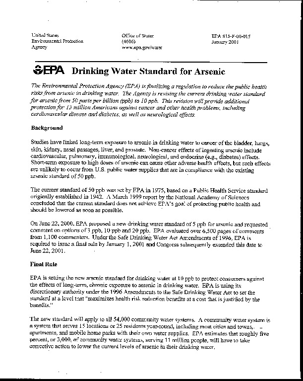 Arsenic in drinking water Rules by EPA