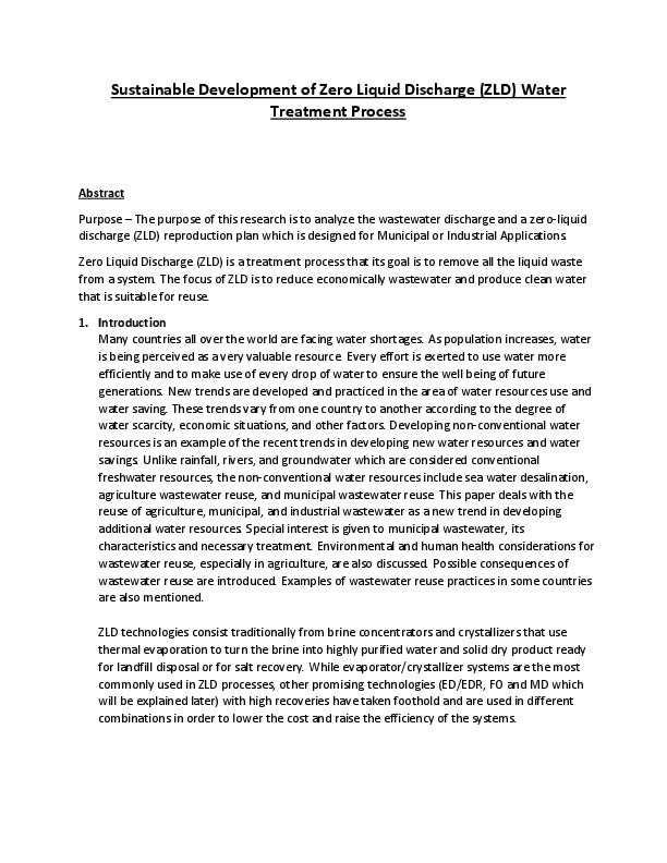 Sustainable Development of Zero Liquid Discharge (ZLD) Water Treatment Process