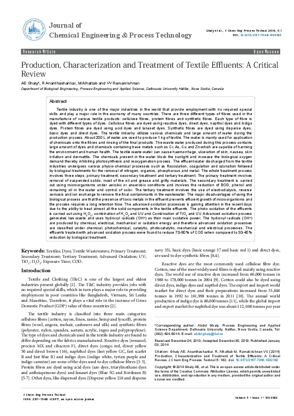 Production, Characterization and Treatment of Textile Effluents - A Critical Review