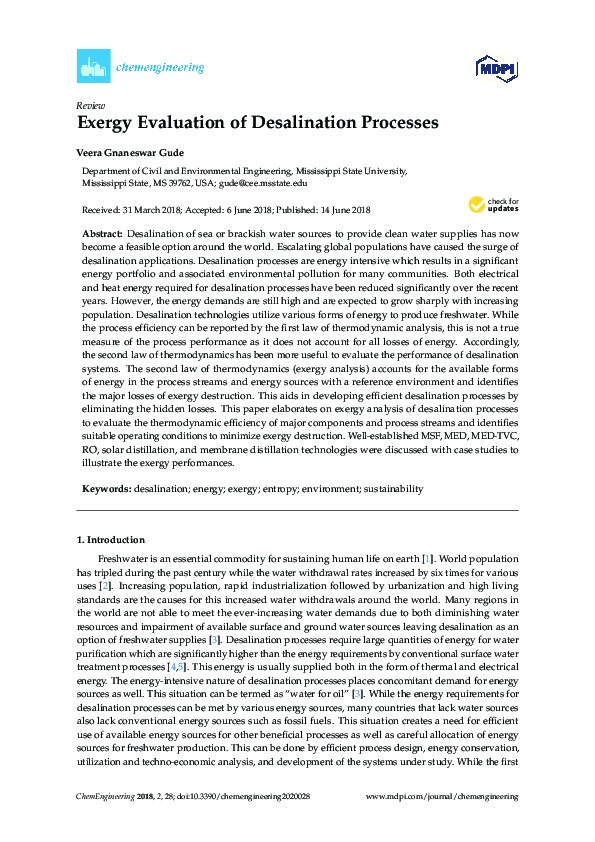 Exergy Evaluation of Desalination Processes