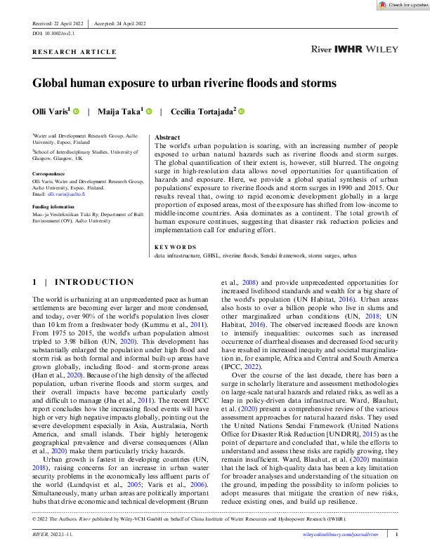 Global human exposure to urban riverine floods and storms