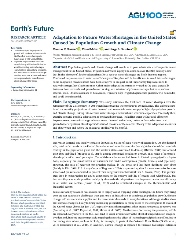 Adaptation to Future Water Shortages in the U.S. Caused by Population Growth and Climate Change