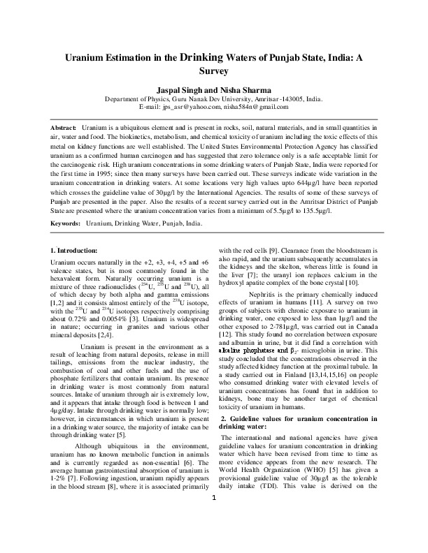 Uranium Estimation in the Drinking Waters of Punjab State, India: A Survey