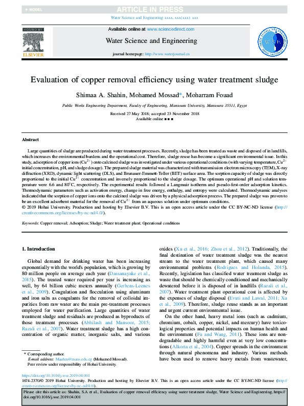 Evaluation of copper removal efficiency using water treatment sludge