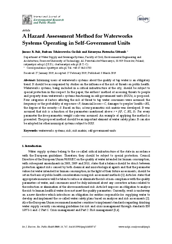 A Hazard Assessment Method for Waterworks Systems Operating in Self-Government Units