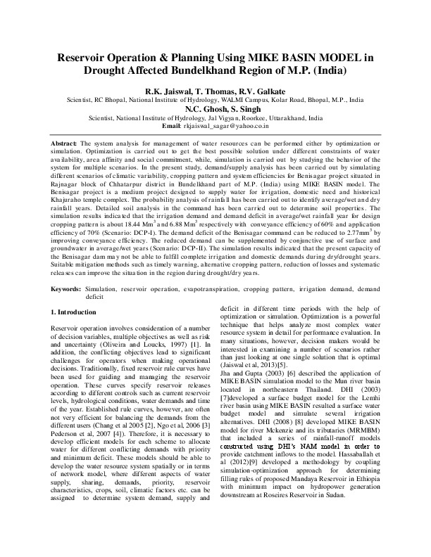 Reservoir Operation & Planning Using MIKE BASIN MODEL in Drought Affected Bundelkhand Region of M.P. (India)