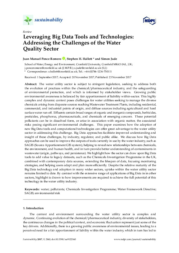 Leveraging Big Data Tools and Technologies: Addressing the Challenges of the Water Quality Sector