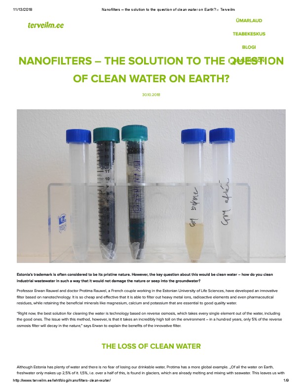 Nanofilters – the Solution to the Question of Clean Water on Earth?