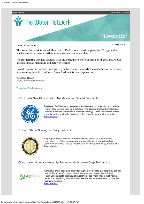 The Water Network Newsletter - 2016-05-24