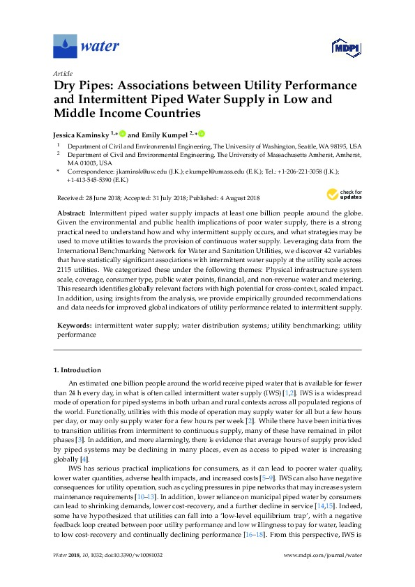 Associations Between Utility Performance and Intermittent Piped Water Supply