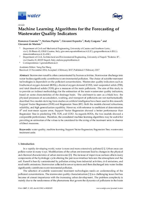 Machine Learning Algorithms for the Forecasting of Wastewater Quality Indicators