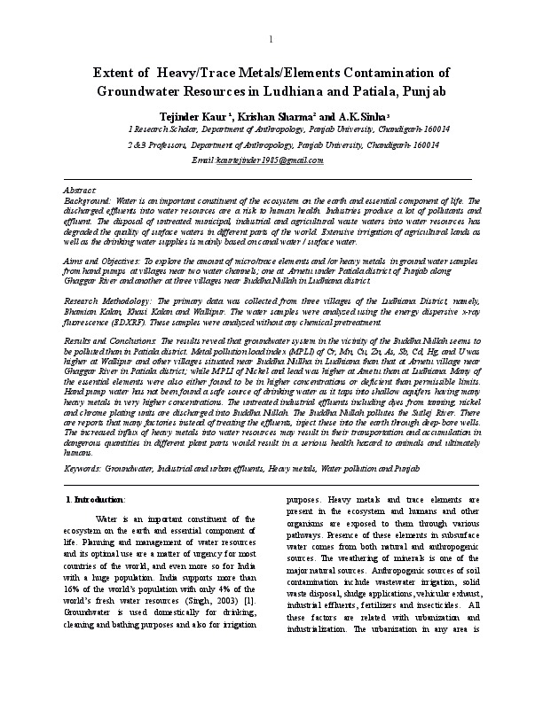 Extent of	Heavy/Trace Metals/Elements Contamination of Groundwater Resources in Ludhiana and Patiala, Punjab