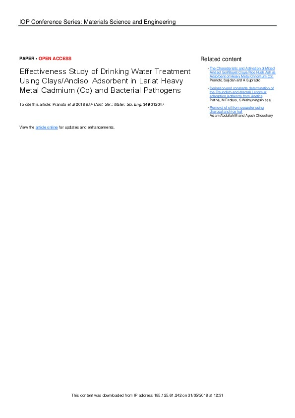 Clays-Andisol Adsorbent in Lariat Heavy Metal Cadmium and Bacterial Pathogens