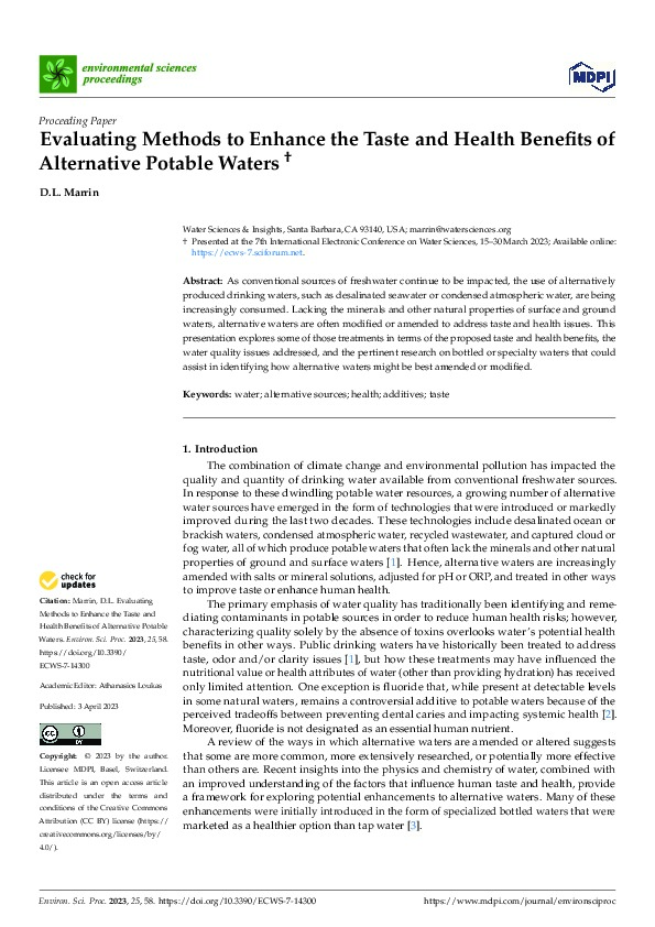 Evaluating Methods to Enhance the Taste and Health Beneﬁts of Alternative Potable Waters