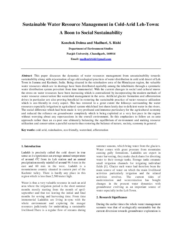 Sustainable Water Resource Management in Cold-Arid Leh-Town: A Boon to Social Sustainability