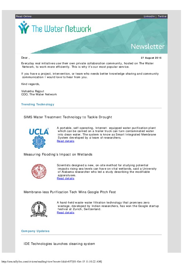 The Water Network Newsletter - 2015-08-27