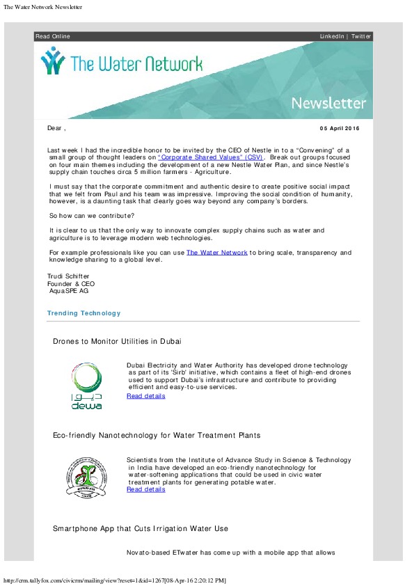 The Water Network Newsletter - 2016-04-05