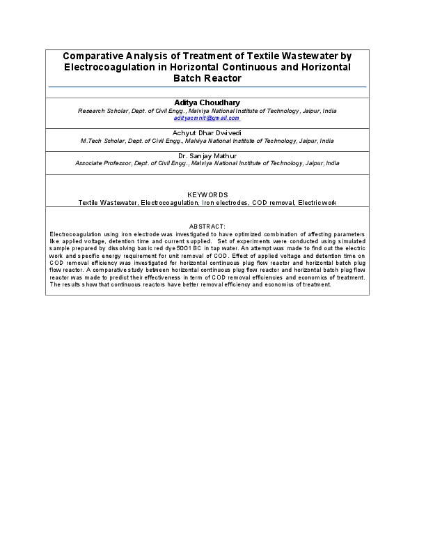 Comparative Analysis of Treatment of Textile Wastewater by Electrocoagulation in Horizontal Continuous and Horizontal Batch Reactor