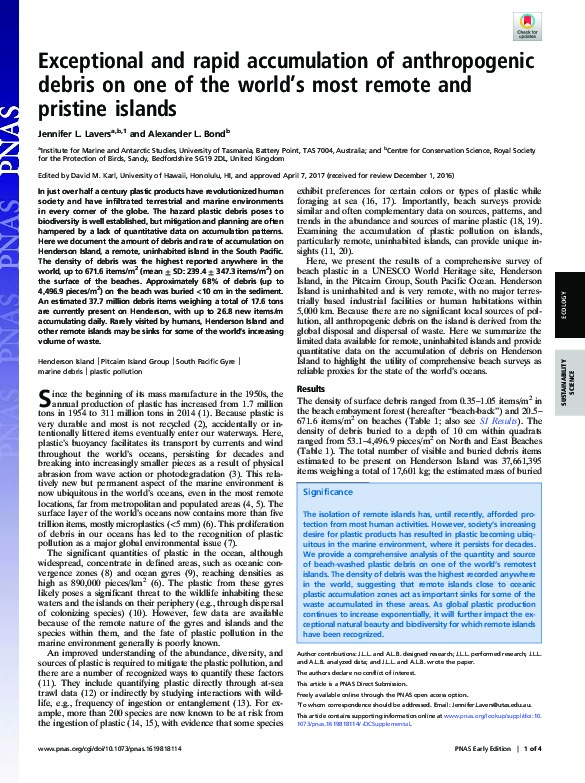 Exceptional and rapid accumullation of anthropogenic debris on one of the word's most remore and pristine islands