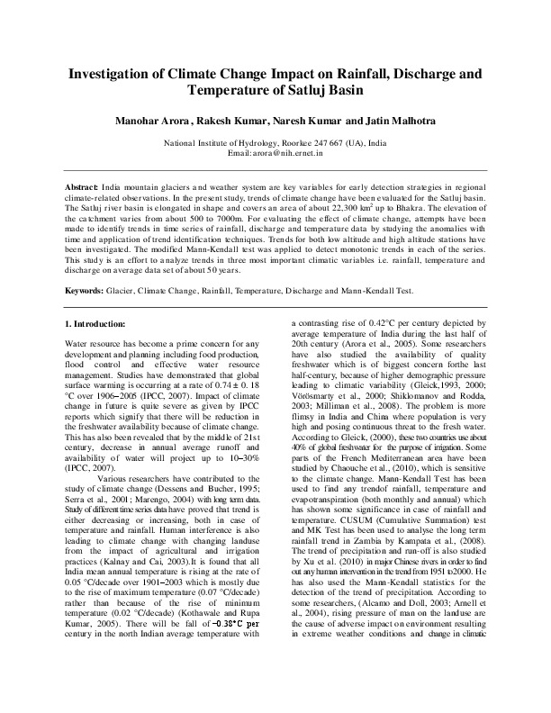 Investigation of Climate Change Impact on Rainfall, Discharge and Temperature of Satluj Basin