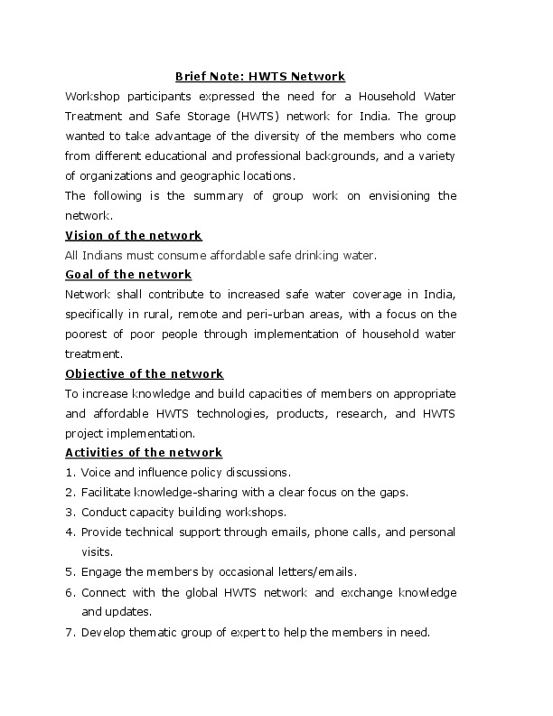 Join HWTS Network (India) to accelerate the adoption of Household Water Treatment and Storage (HWTS) to pave India&rsquo;s way for achieving SDG Tar...