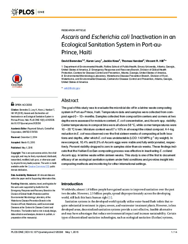 Ascaris and Escherichia coli Inactivation in an Ecological Sanitation System in Port-au-Prince Haiti
