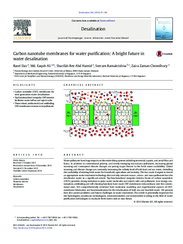 Carbon nanotube membranes for water purification: A bright future in water desalination