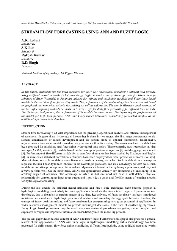 Stream Flow Forecasting Using Ann and Fuzzy Logic