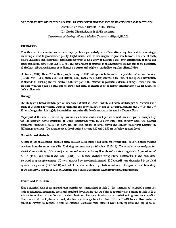 GEOCHEMISTRY OF GROUNDWATER:  IN VIEW OF FLUORIDE AND NITRATE CONTAMINATION IN PARTS OF YAMUNA RIVER BASIN- INDIA