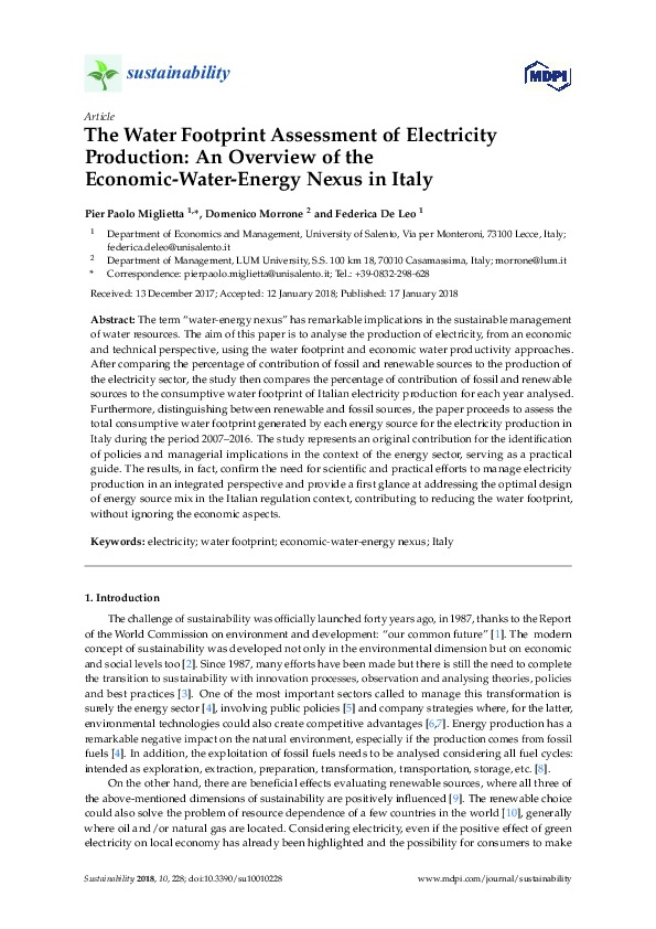 The Water Footprint Assessment of Electricity Production