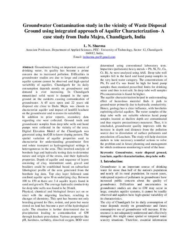 Groundwater Contamination study in the vicinity of Waste Disposal Ground using integrated approach of Aquifer Characterization- A case study from Dadu Majra, Chandigarh, India