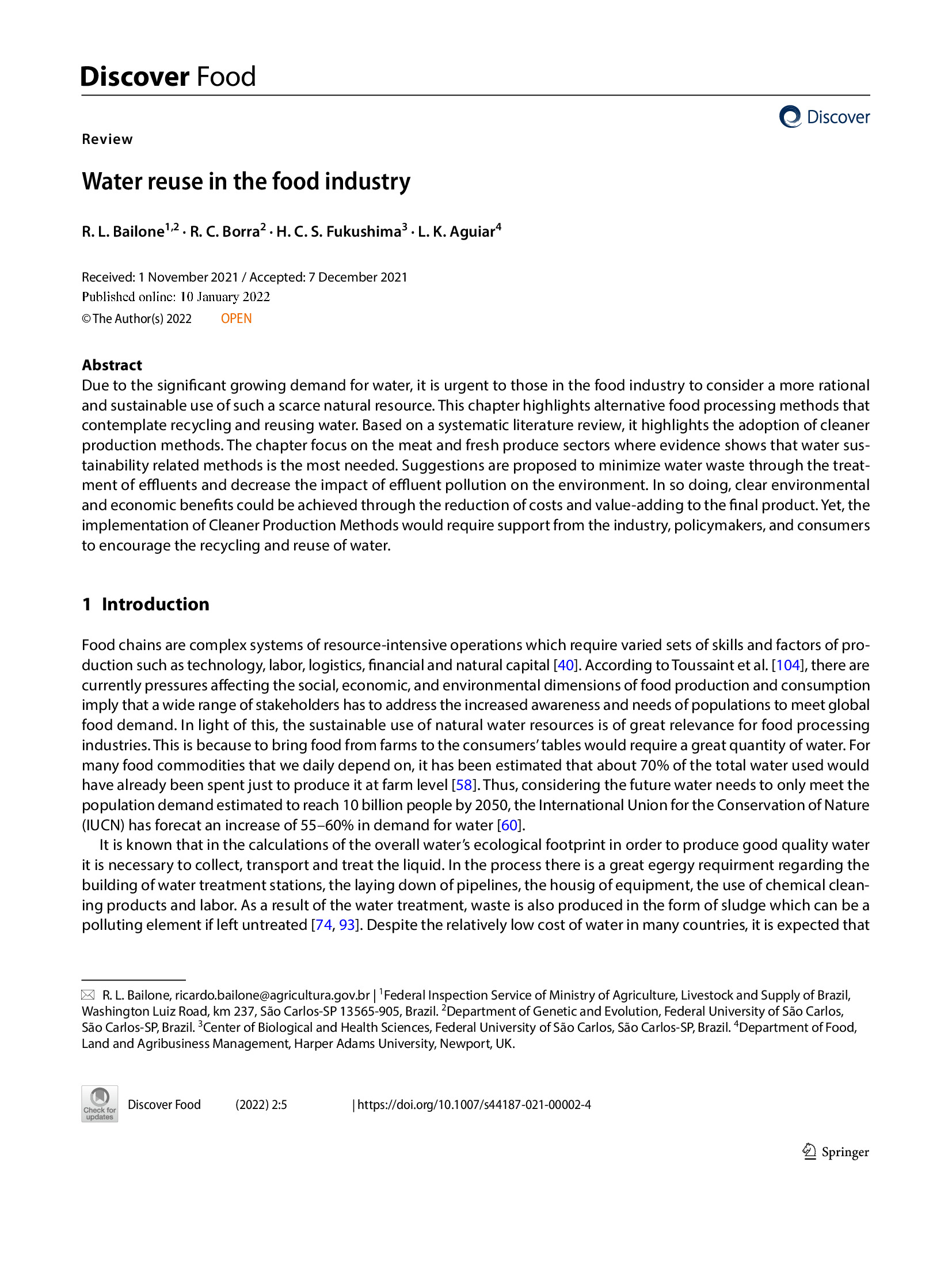Water Reuse in the Food Industry