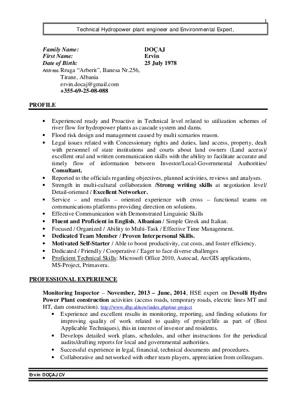 Ervin DOÇAJ, ABkons & GR Albania JV - Environmental expert on hydro power plants