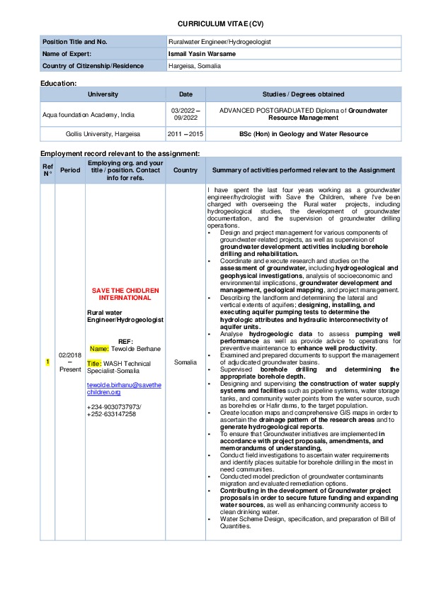 Ismail Warsame, Ruralwater engineer/ Hydrogeologist at Save thechildren international