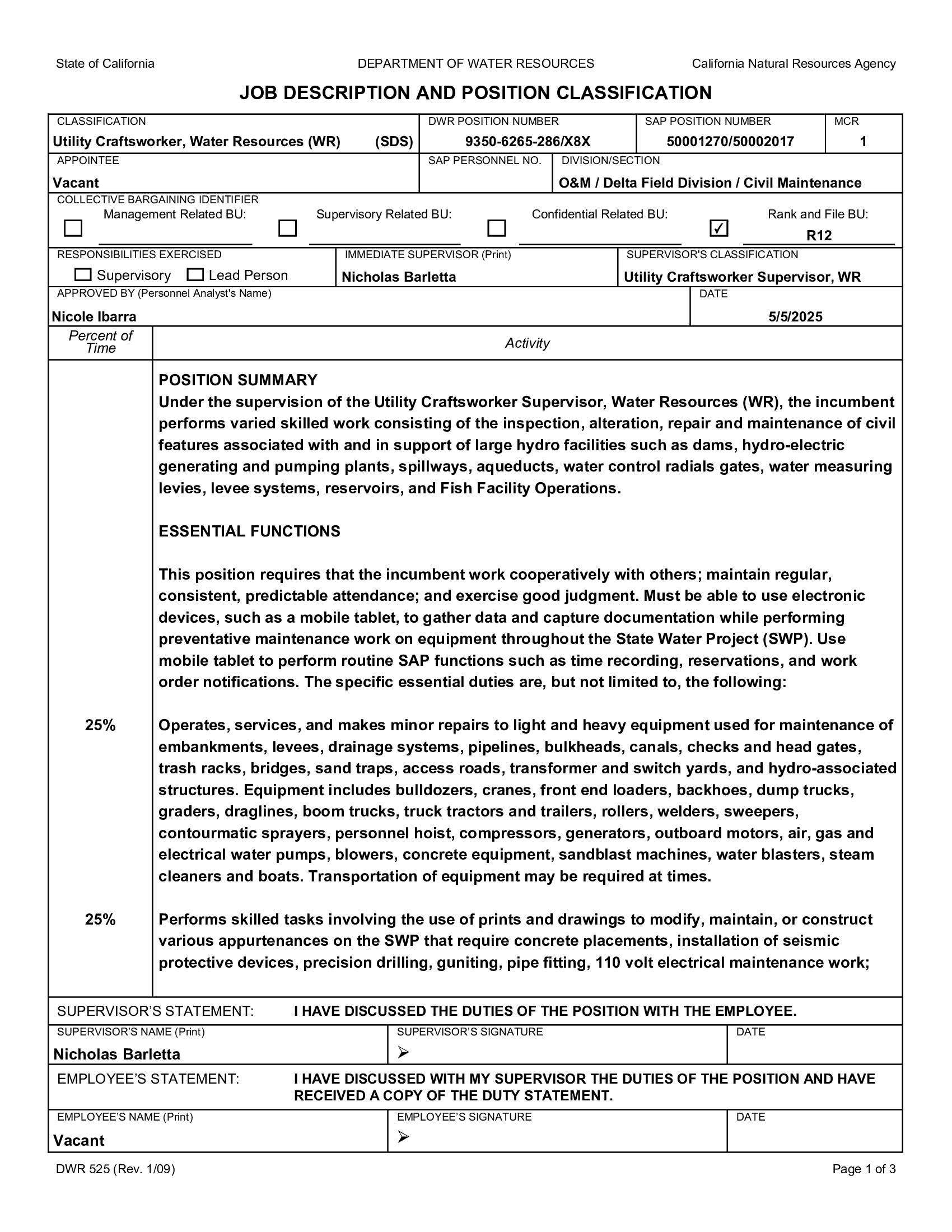 UTILITY CRAFTSWORKER, WATER RESOURCES