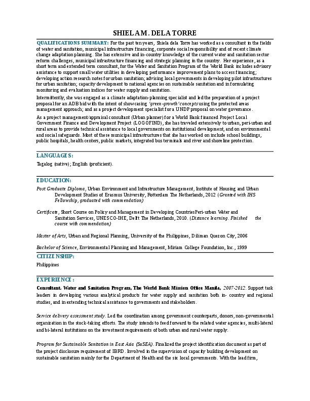 Shiela  dela Torre, Independent consultant for IBRD, USAID and other private consulting firms