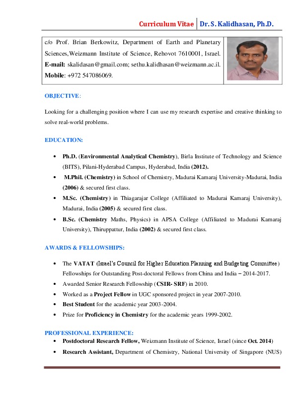 Kalidhasan Sethu, Postdoctoral Research Fellow at Weizmann institute of science