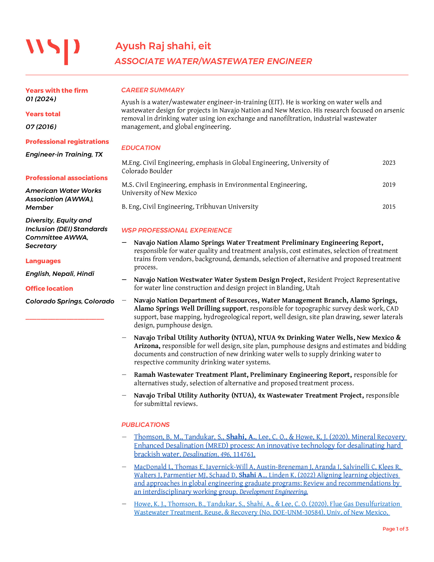 Ayush Shahi, Associate Water/Wastewater Engineer at WSP