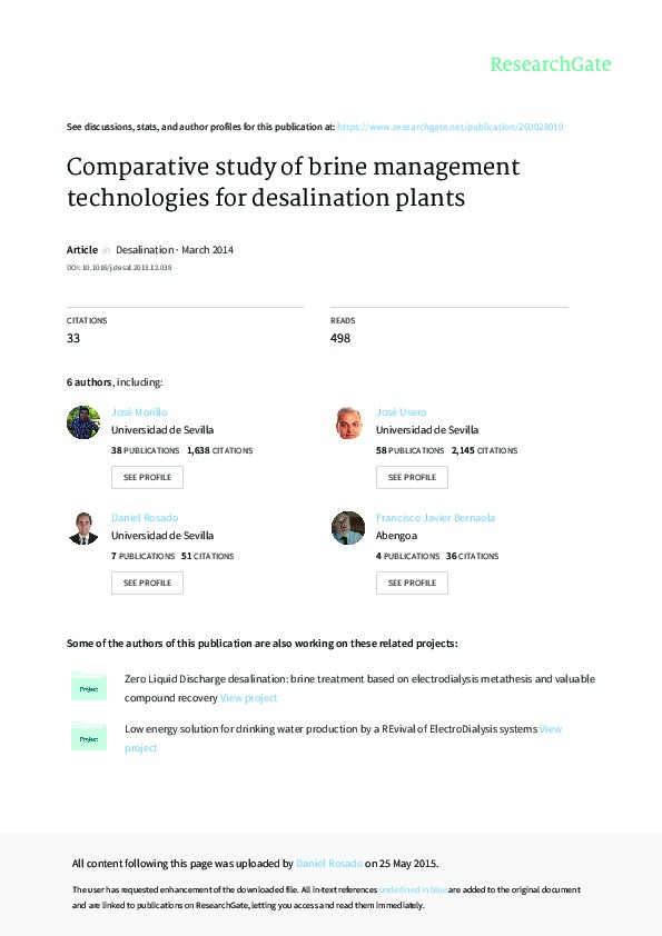 Comparative Study of Brine Management Technologies for Desalination Plants