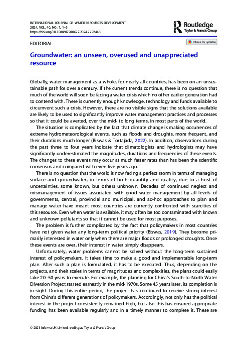 Groundwater: an unseen, overused and unappreciated resource